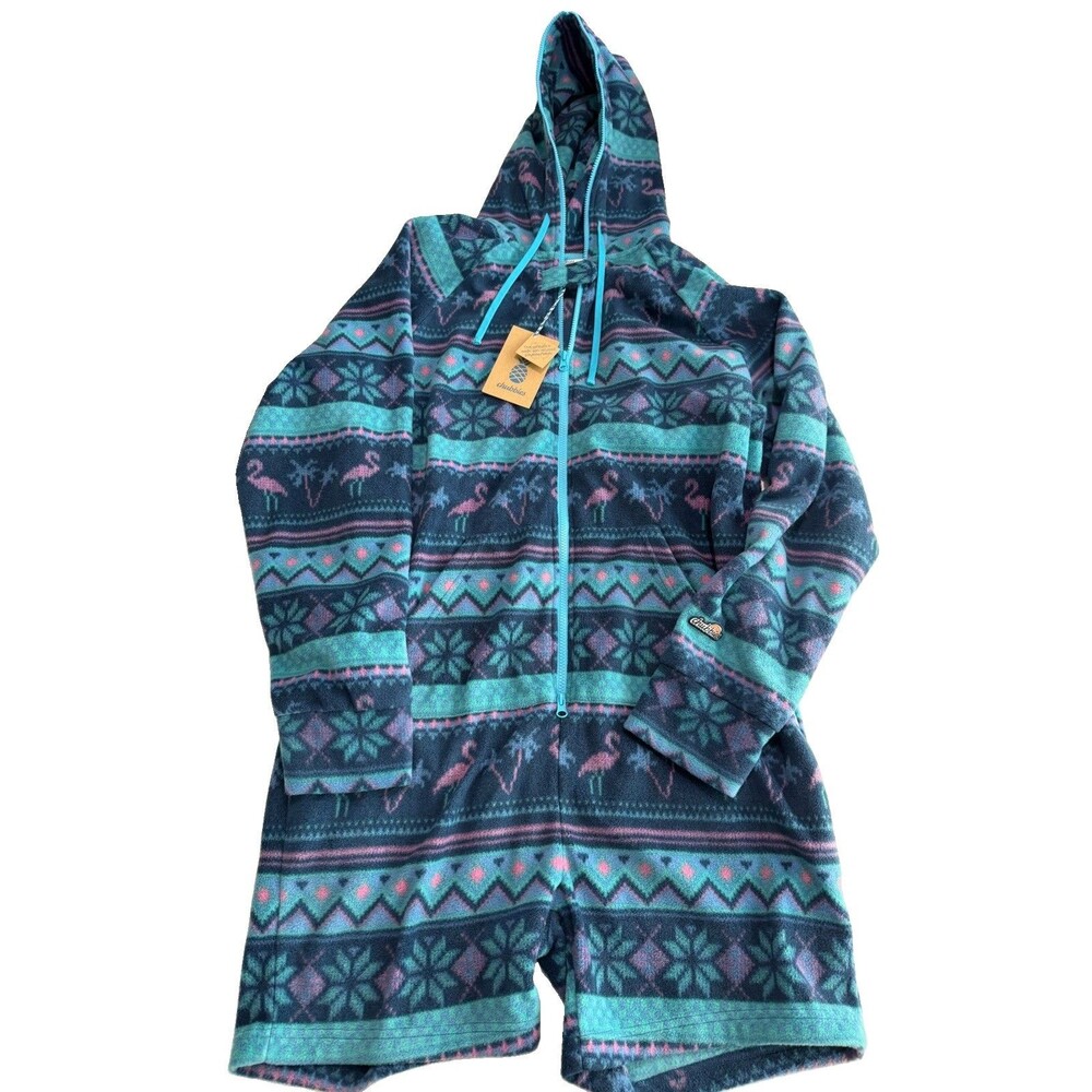 Chubbies Large Fleece Hoodie One Piece Shorts Romper Jumper Flamingo Blue Zip Up